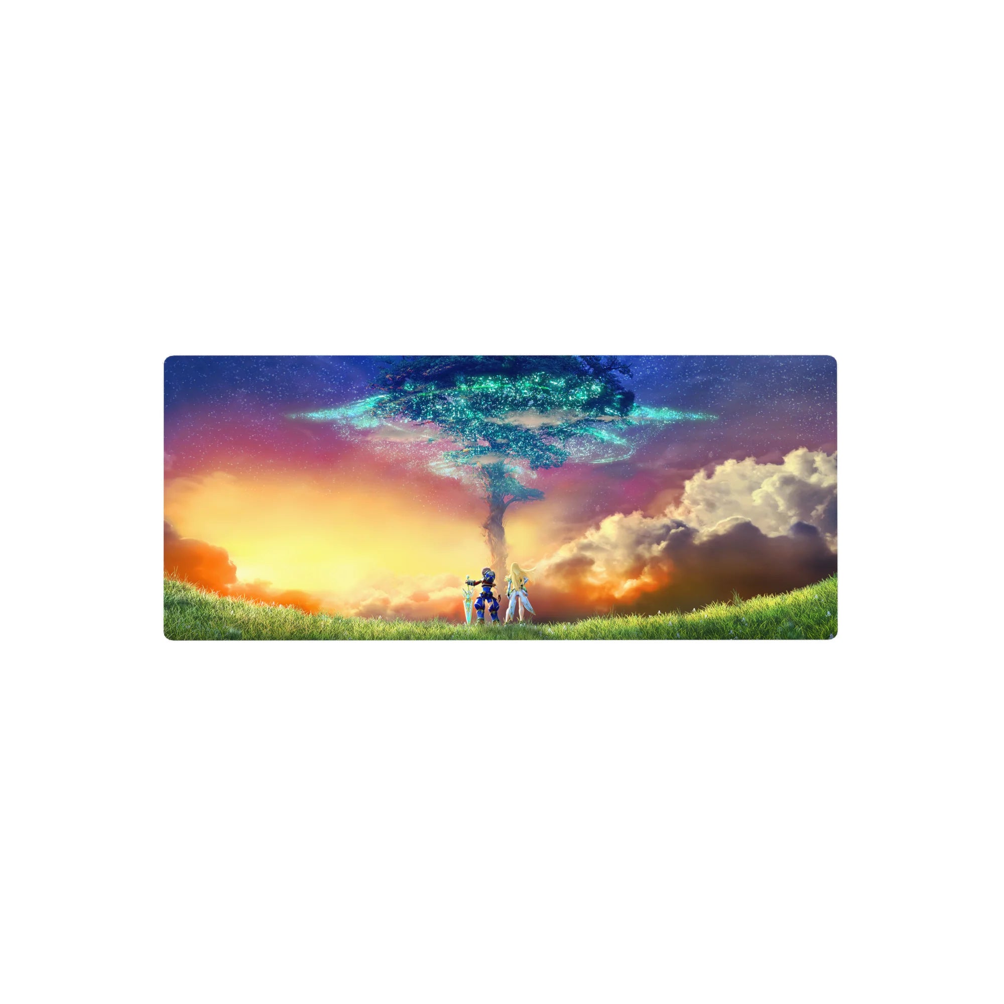28x12 inches anime mouse pad with two heroes under a teal starlight sky-tree and golden horizon.
