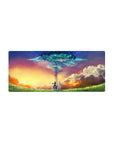 28x12 inches anime mouse pad with two heroes under a teal starlight sky-tree and golden horizon.