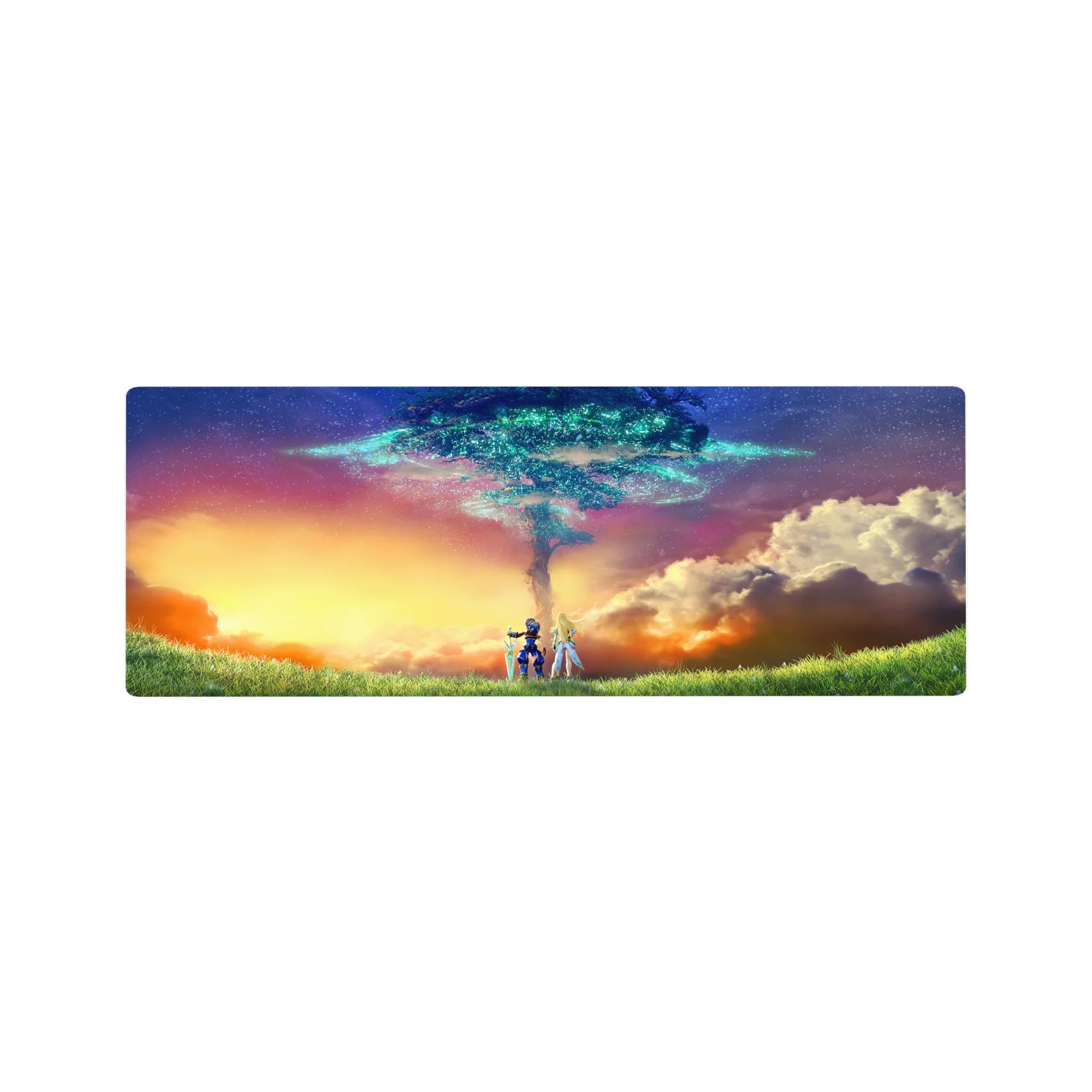 32x12 inches anime mouse pad with heroes at sunset beneath a glowing sky-tree and tall grass horizon.
