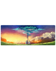 32x12 inches anime mouse pad with heroes at sunset beneath a glowing sky-tree and tall grass horizon.