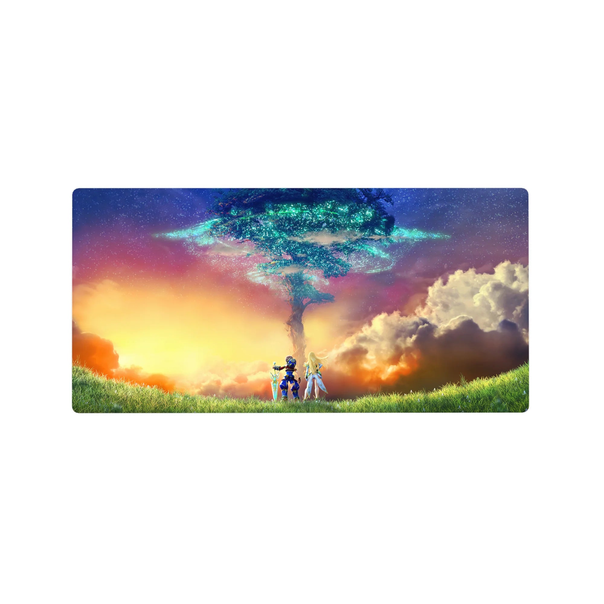 32x16 inches anime mouse pad with heroes at sunset under a glowing sky-tree and teal magic rings.