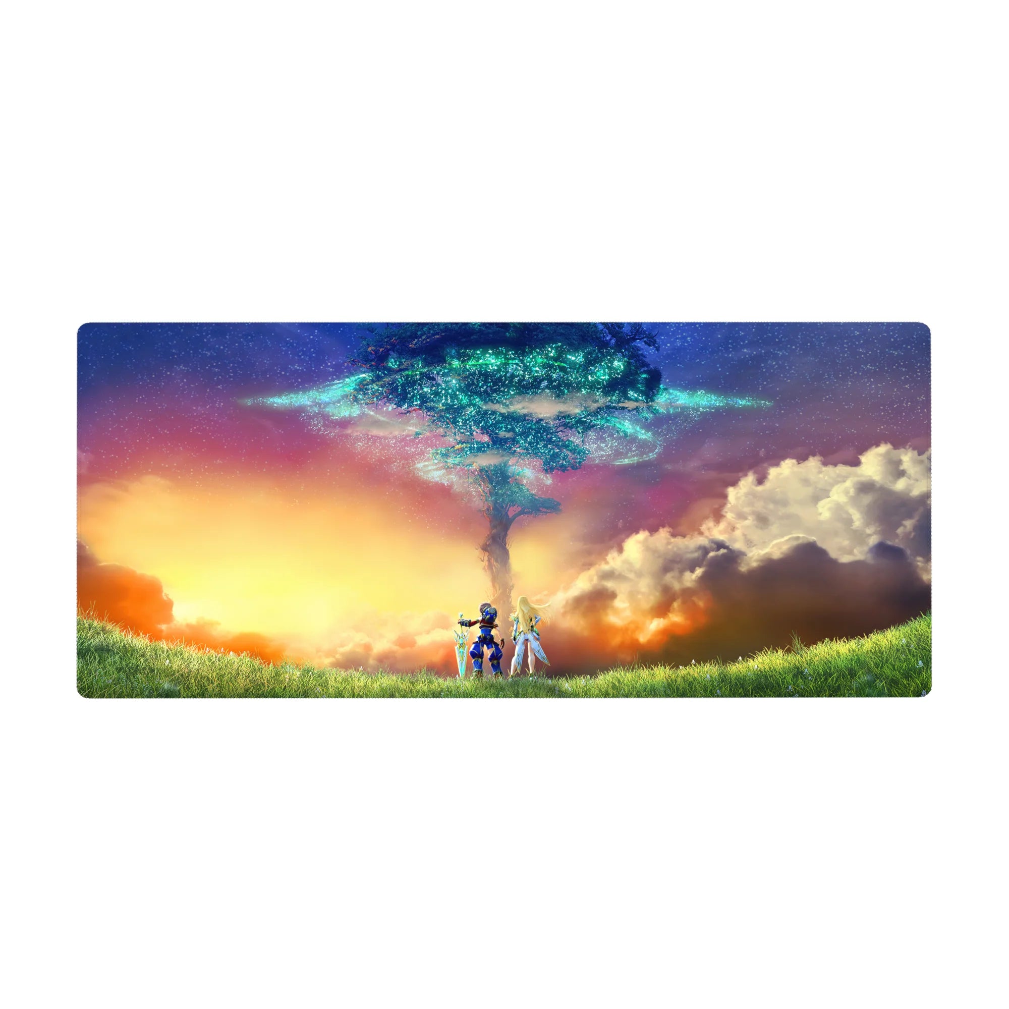 Anime desk pad 36x16 inches with two heroes at sunset, tall grass, and a teal starlit sky-tree above.