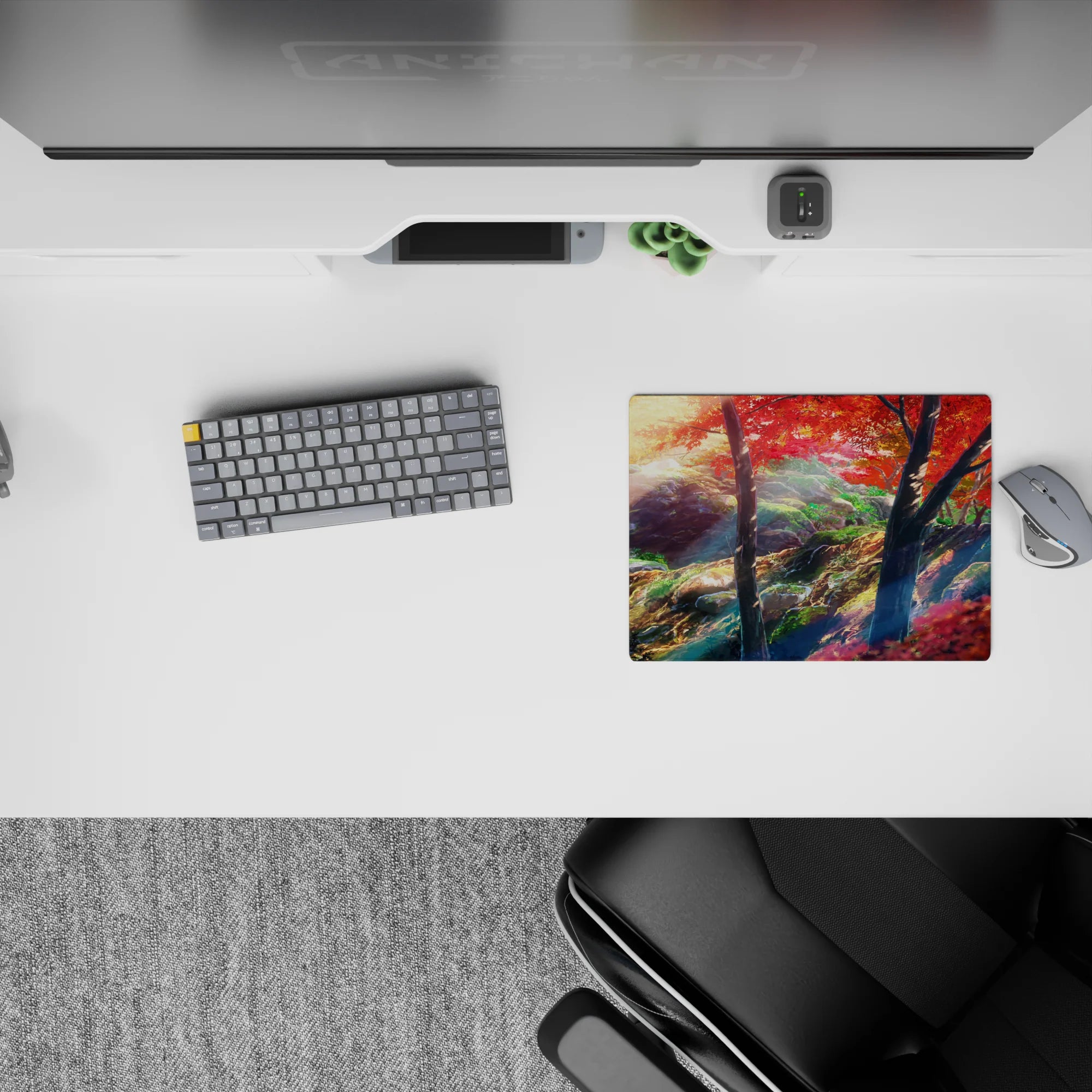 Warm autumn anime mouse pad 14x10 inches in crimson reds, gold light, and deep greens for calm vibes.