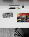 Warm autumn anime mouse pad 14x10 inches in crimson reds, gold light, and deep greens for calm vibes.