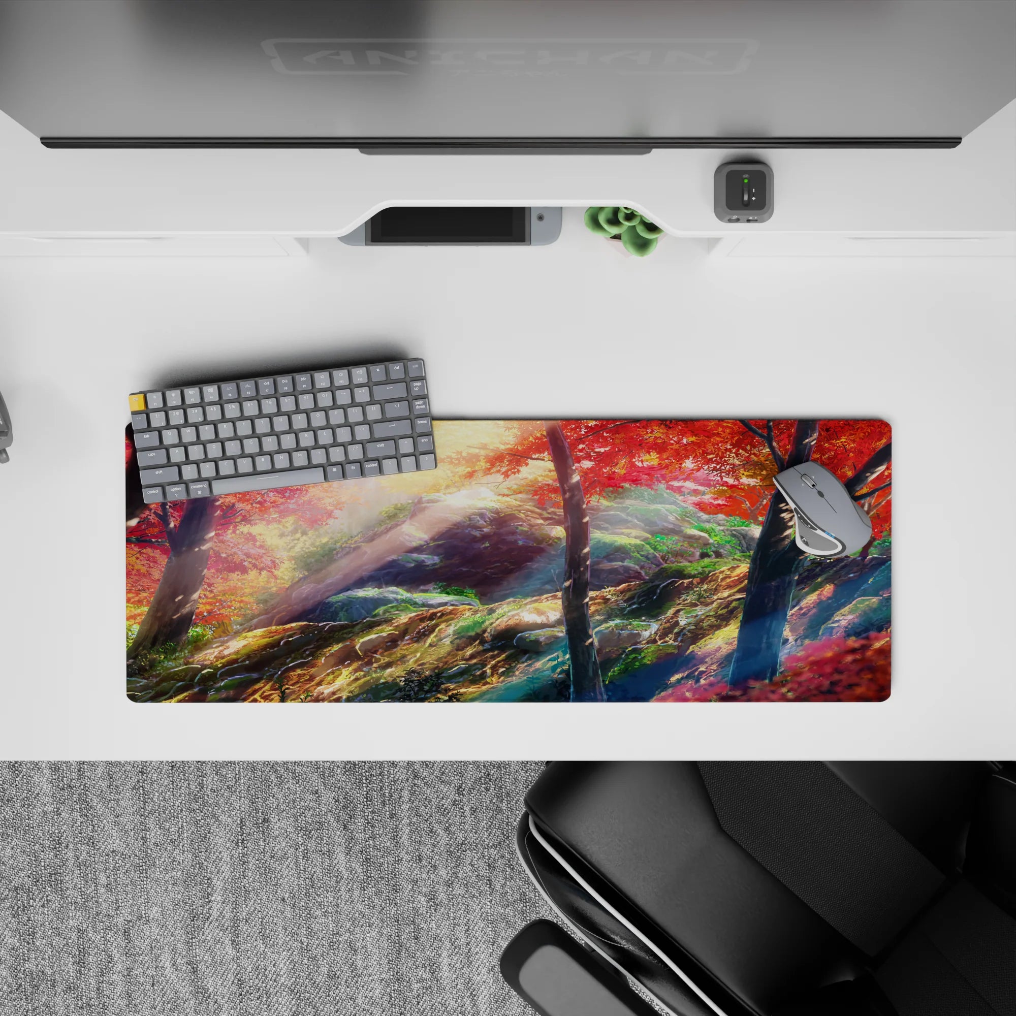32x12 inches anime mouse pad in warm fall tones—crimson reds, golden light, and deep greens, calm vibe.
