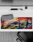 32x12 inches anime mouse pad in warm fall tones—crimson reds, golden light, and deep greens, calm vibe.