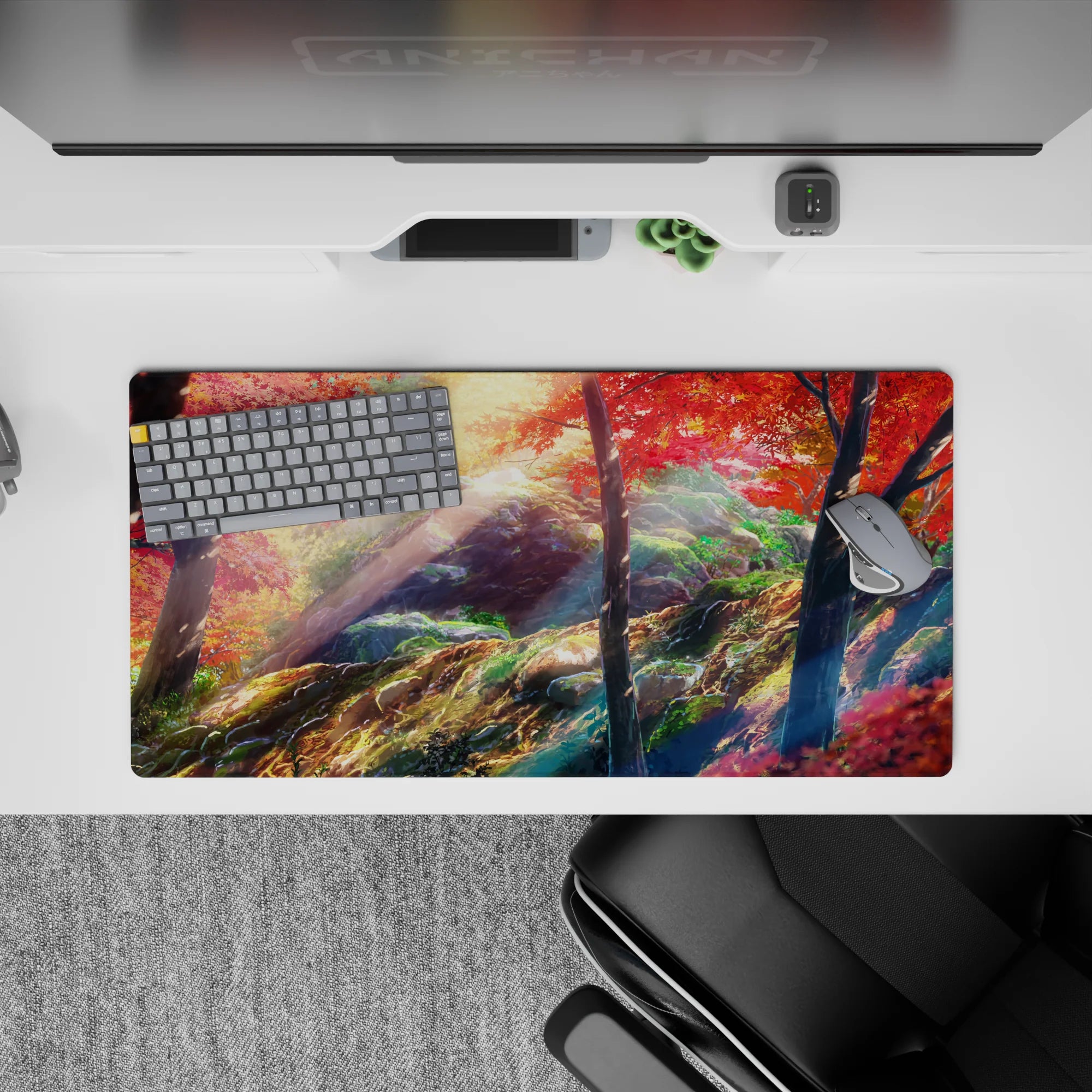 32x16 inches anime mouse pad in warm fall tones—reds, golds, deep greens—with soft cinematic sunbeams.
