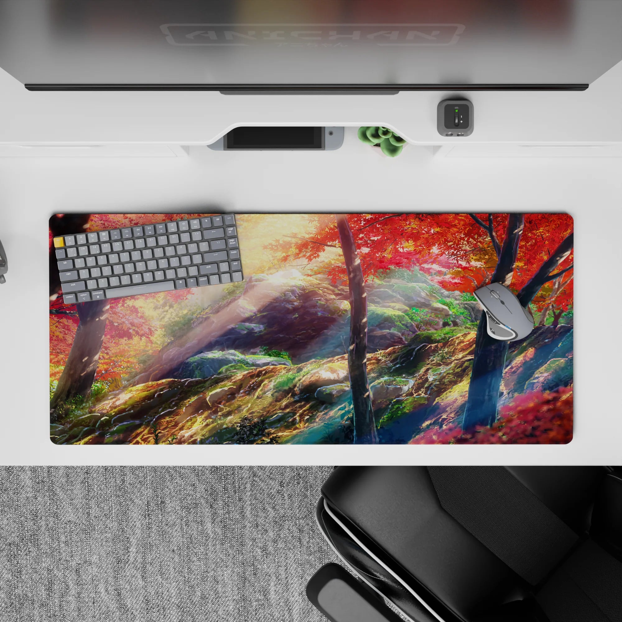 Calm fall vibe anime desk pad 36x16 inches in crimson, gold, and deep green with soft brushy light.