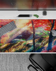 Calming 40x20 inches anime desk pad in crimson, gold, and deep green with soft, warm fall lighting.