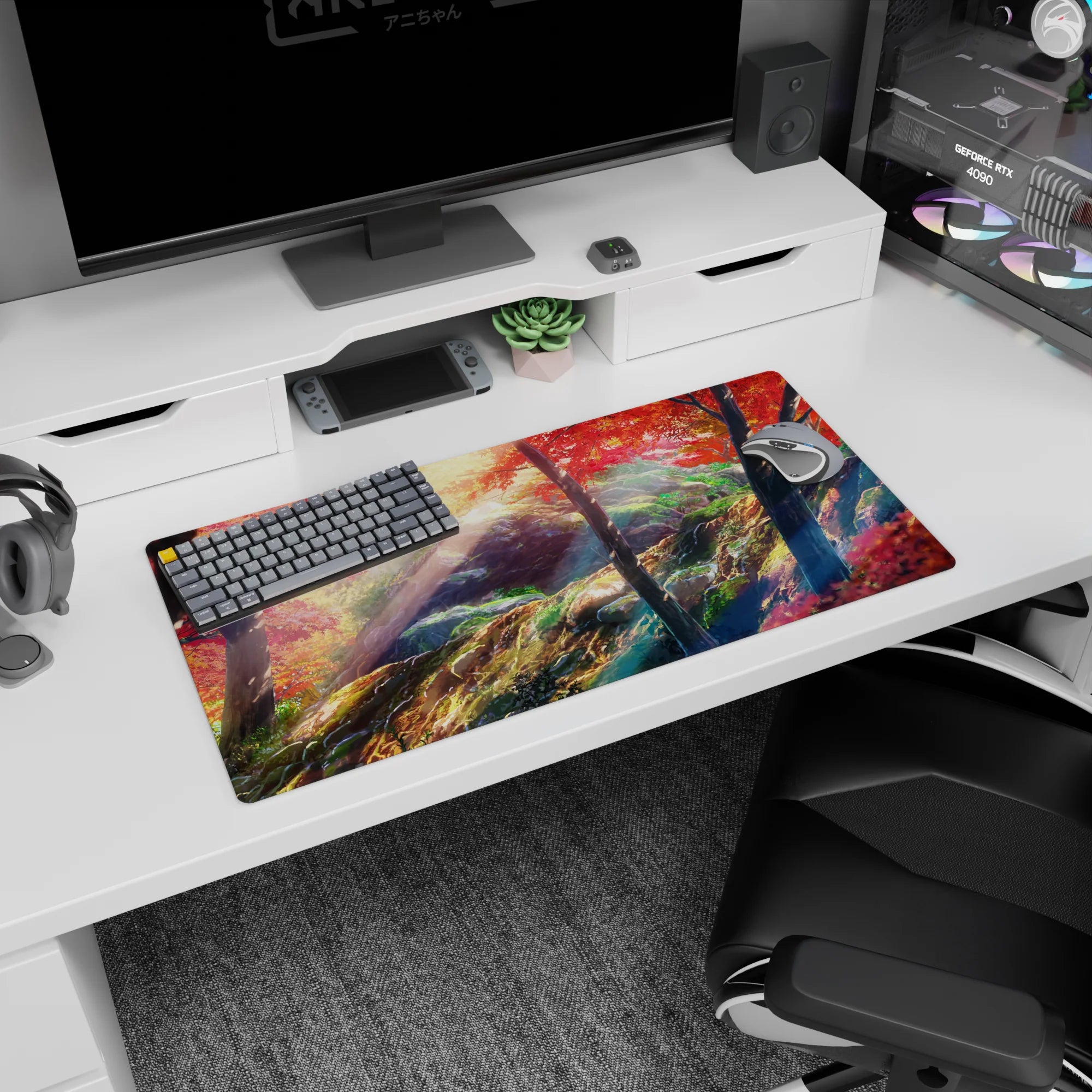 32x16 inches anime mouse pad showing sun rays through trees onto mossy rocks on a quiet mountain trail.