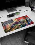 32x16 inches anime mouse pad showing sun rays through trees onto mossy rocks on a quiet mountain trail.
