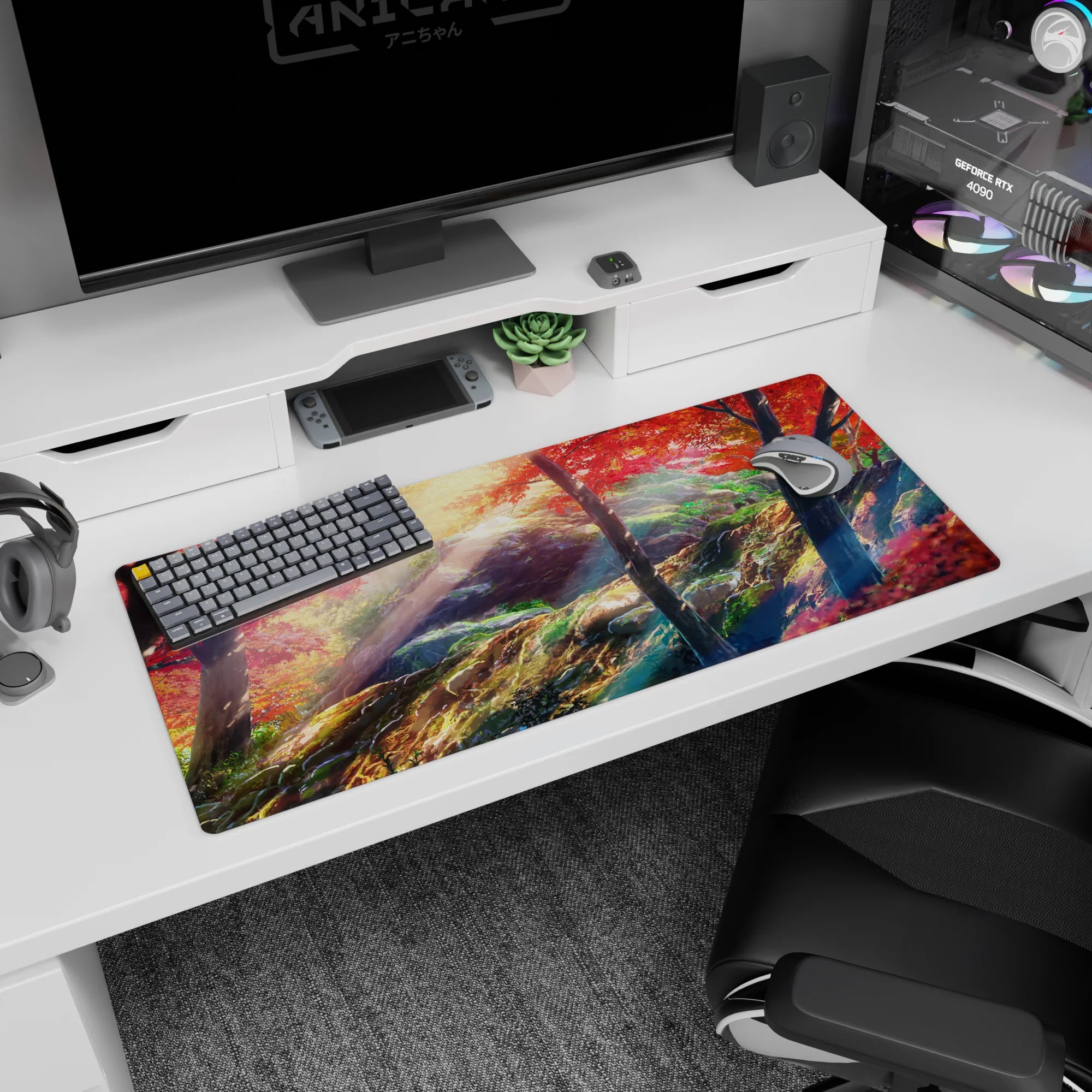 Anime desk pad 36x16 inches showing a quiet after-school mountain trail under red maple leaves and warm sun rays.