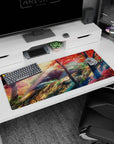 Anime desk pad 36x16 inches showing a quiet after-school mountain trail under red maple leaves and warm sun rays.