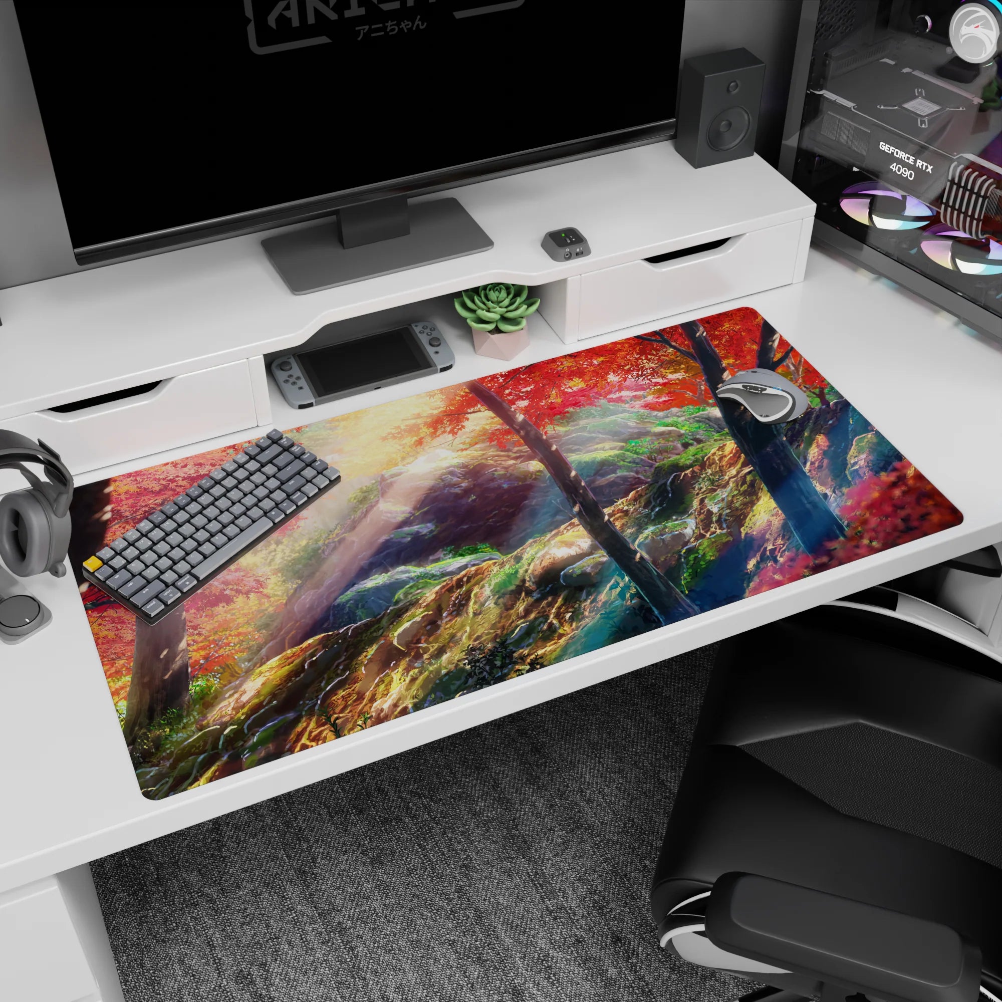 40x20 inches anime desk pad showing a quiet mountain path after school, sun rays through red maples.