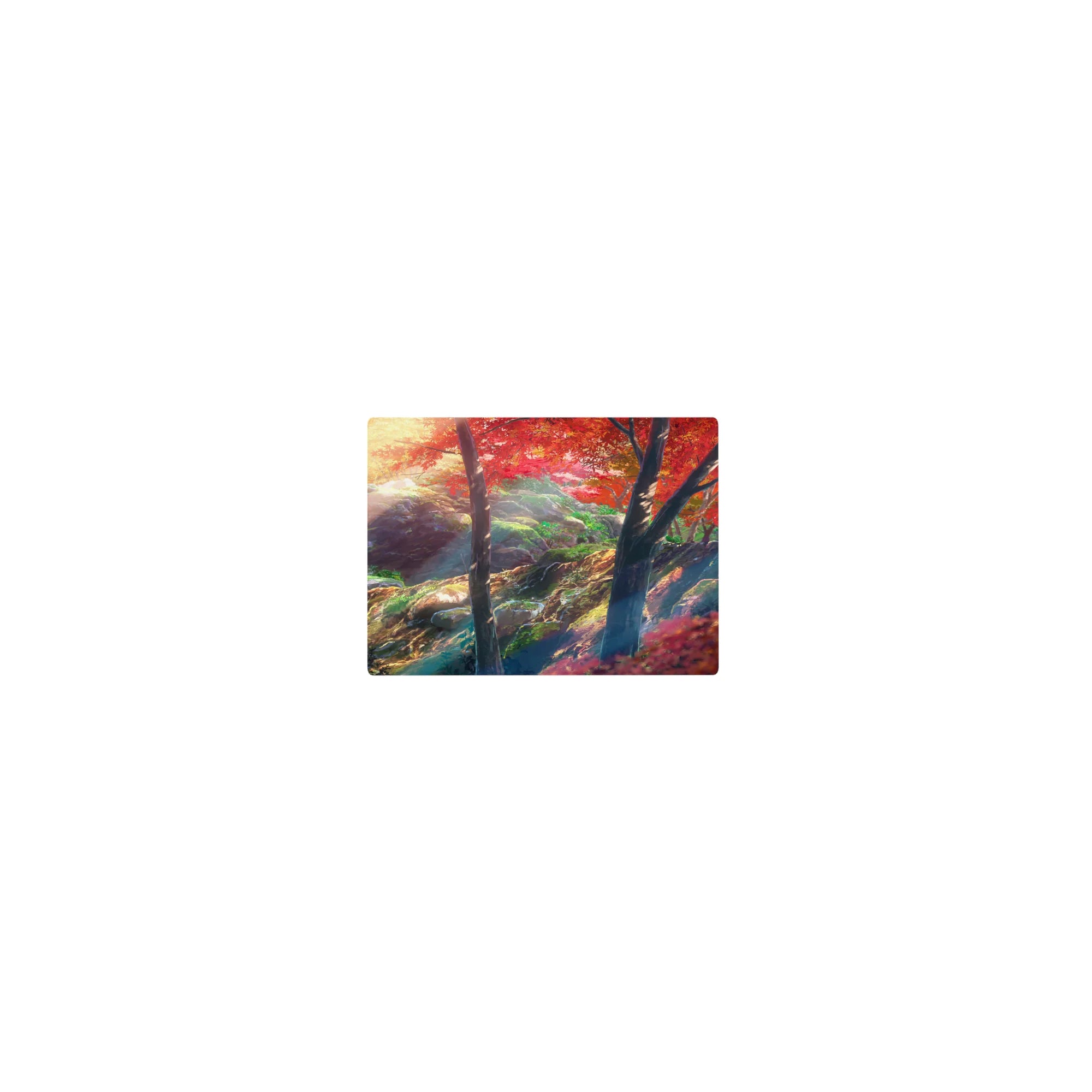 Classic anime mouse pad 14x10 inches with a quiet mountain path, maple leaves, sunbeams, and mossy rocks.