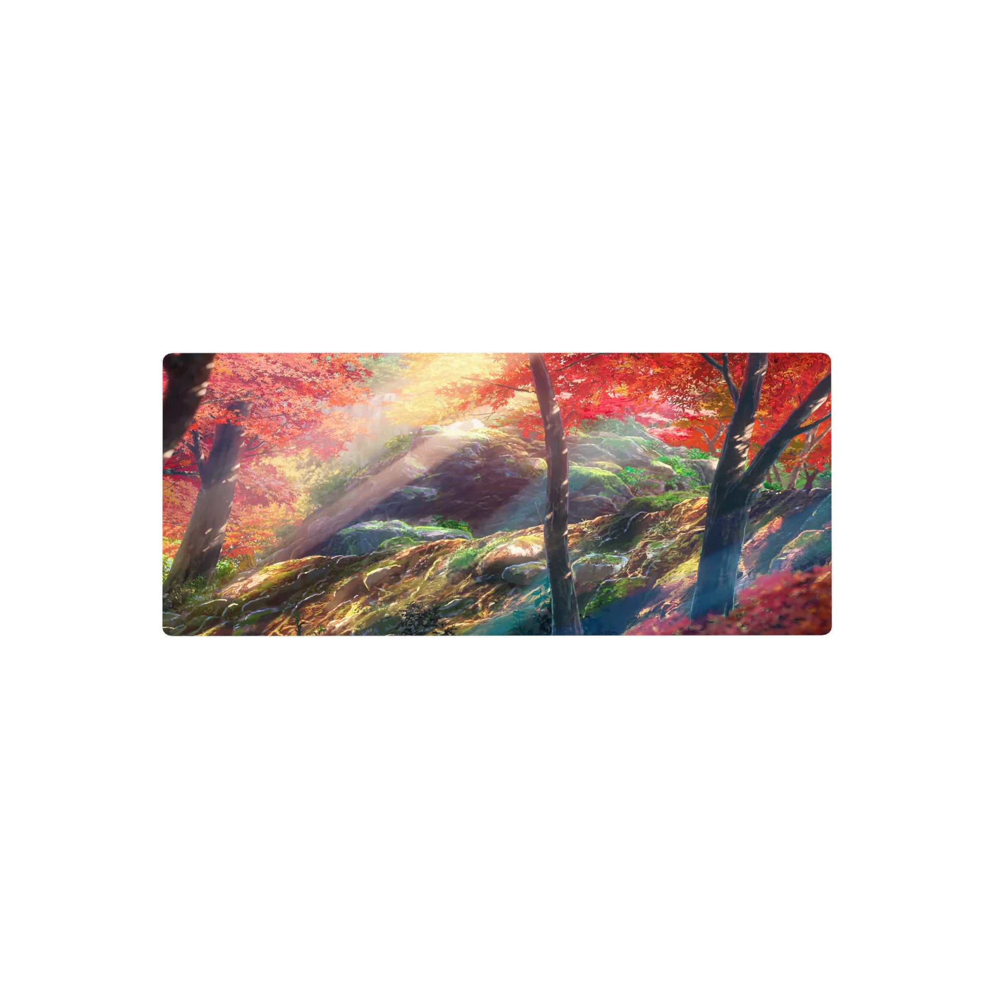 28x12 inches anime mouse pad with a cinematic autumn forest path, maple leaves, sunbeams, and mossy rocks.