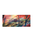 28x12 inches anime mouse pad with a cinematic autumn forest path, maple leaves, sunbeams, and mossy rocks.