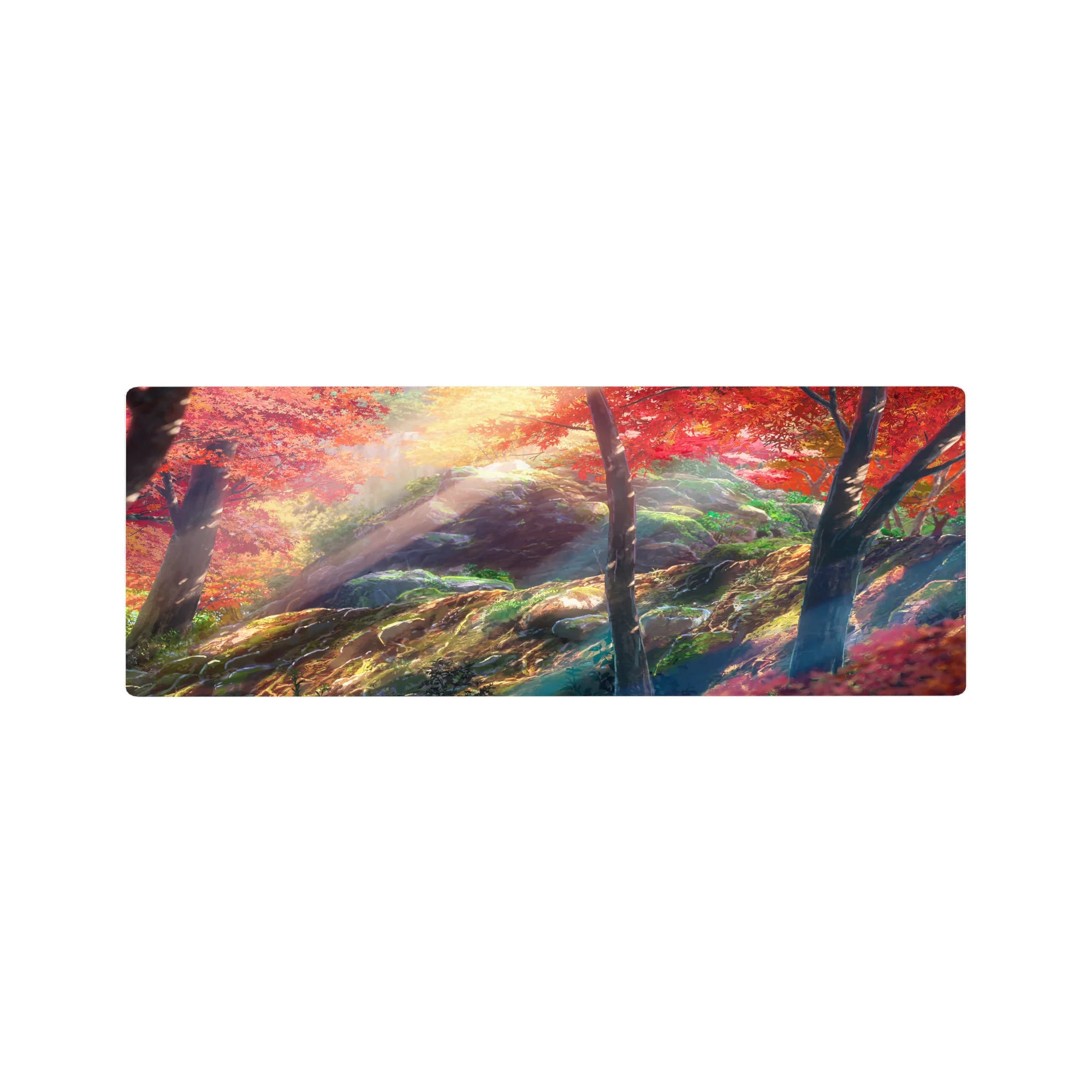 32x12 inches anime mouse pad with a sunlit autumn forest path, maple leaves, trees, and mossy rocks.