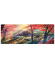32x12 inches anime mouse pad with a sunlit autumn forest path, maple leaves, trees, and mossy rocks.