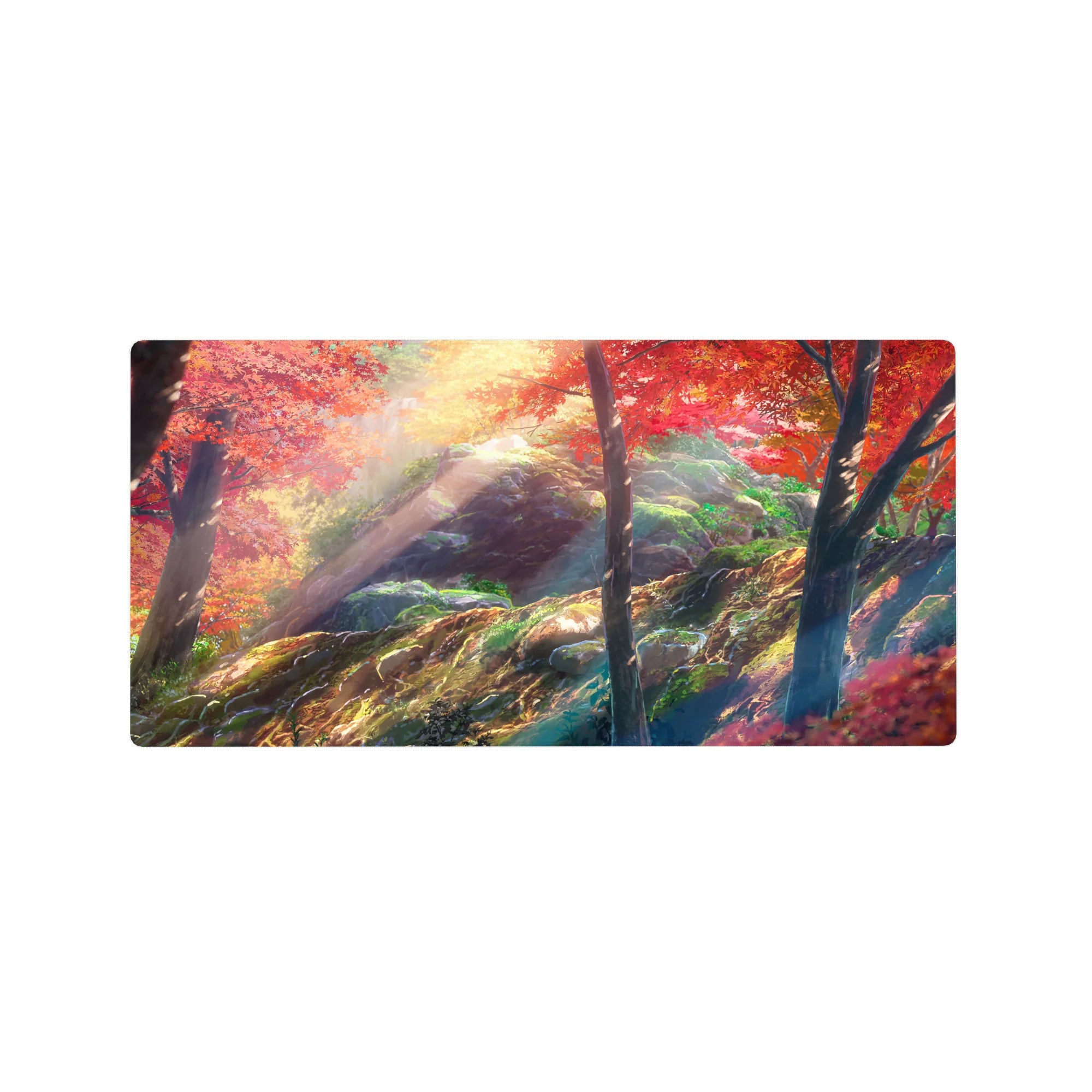 32x16 inches anime mouse pad with a serene autumn forest path, crimson maple leaves and sunlit mossy rocks.
