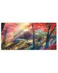 32x16 inches anime mouse pad with a serene autumn forest path, crimson maple leaves and sunlit mossy rocks.
