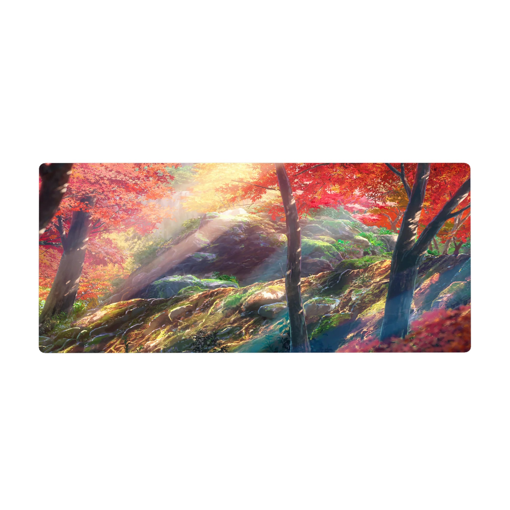 Anime desk pad 36x16 inches with a cinematic autumn forest path, sunbeams, mossy rocks, maple leaves.