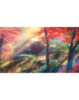 Anime desk pad 40x20 inches with cinematic autumn forest, maple leaves, sunbeams, and mossy rocks.