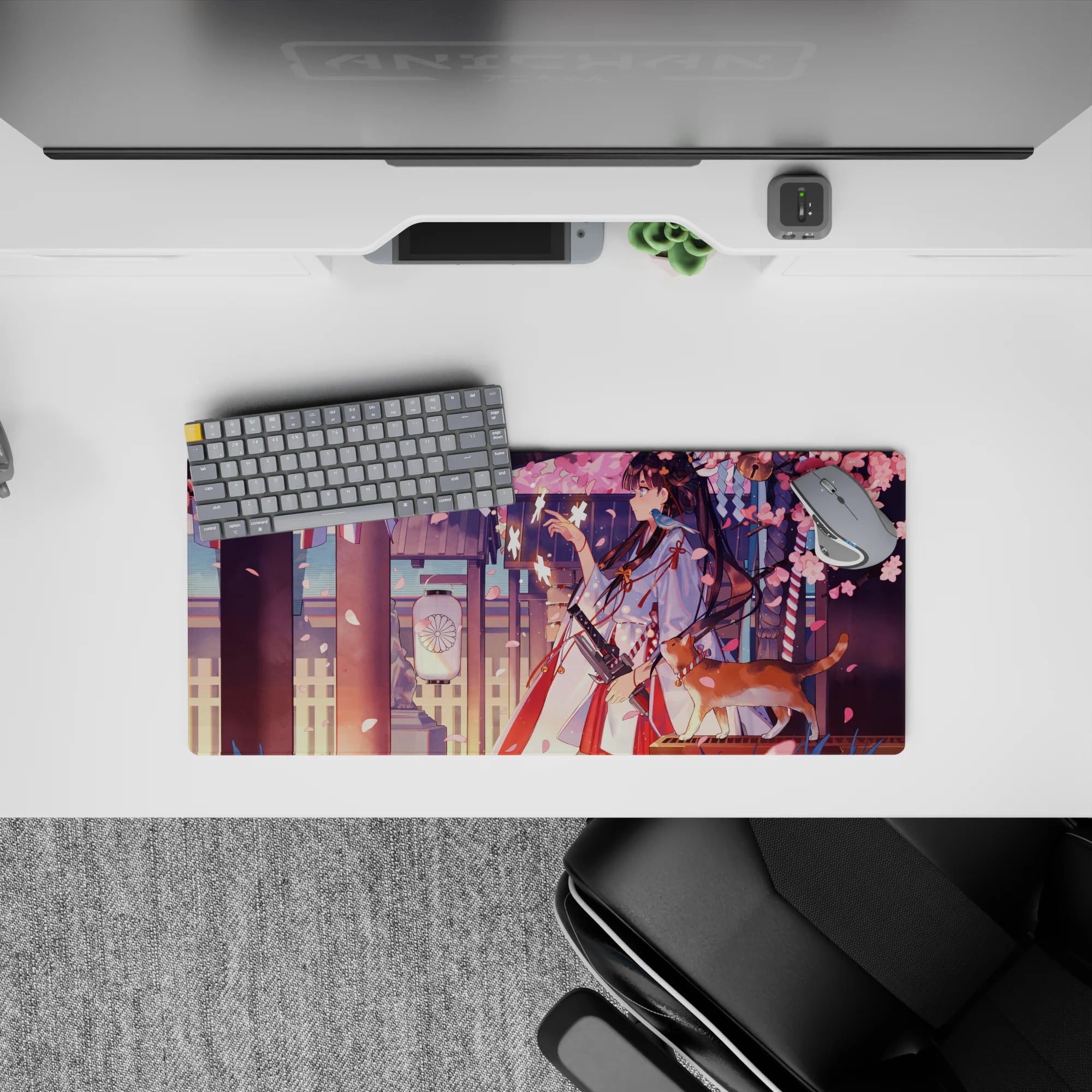 28x12 inches anime desk mat in pink, plum, and warm gold tones with soft lantern light and calm vibe.