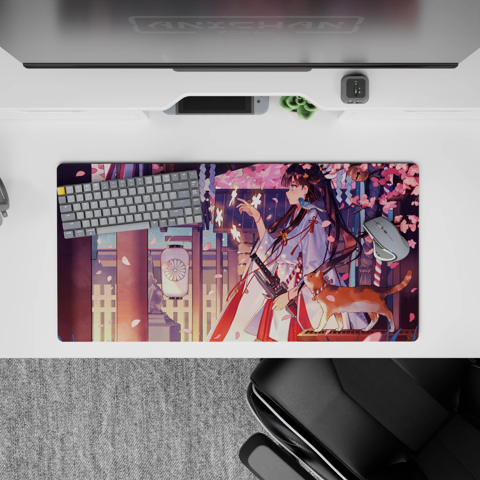 32x16 inches mouse pad in pink, plum, and warm gold lantern glow with calm sakura night mood.