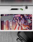 32x16 inches mouse pad in pink, plum, and warm gold lantern glow with calm sakura night mood.