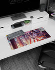 28x12 inches mouse pad featuring kimono anime girl in side profile with floating paper charms and cat.