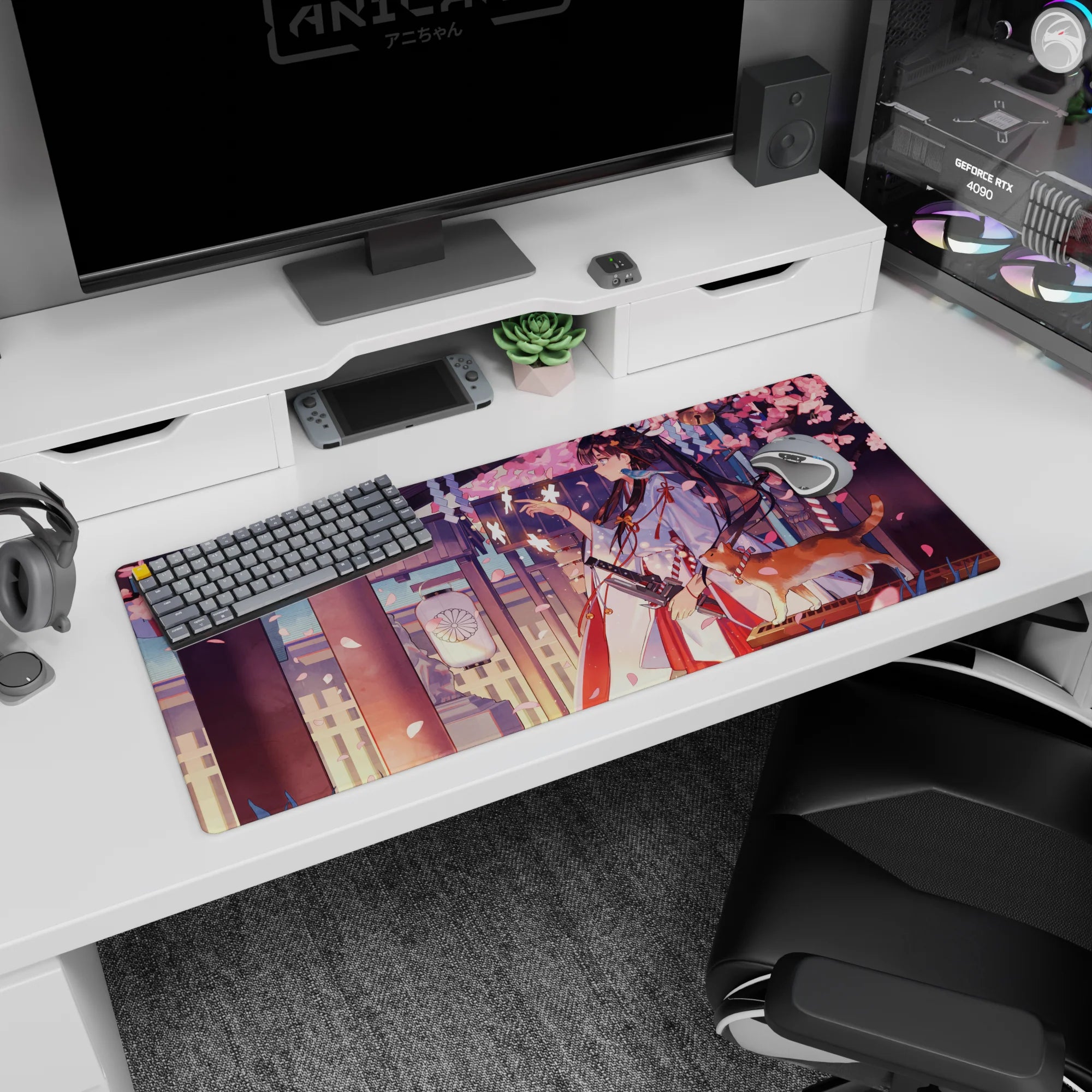 36x16 inches desk pad featuring kimono anime girl in side profile with glowing paper charms and a ginger cat.