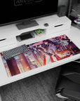 36x16 inches desk pad featuring kimono anime girl in side profile with glowing paper charms and a ginger cat.
