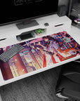 Kimono anime girl in side profile with floating paper charms and a ginger cat, desk pad 40x20 inches.