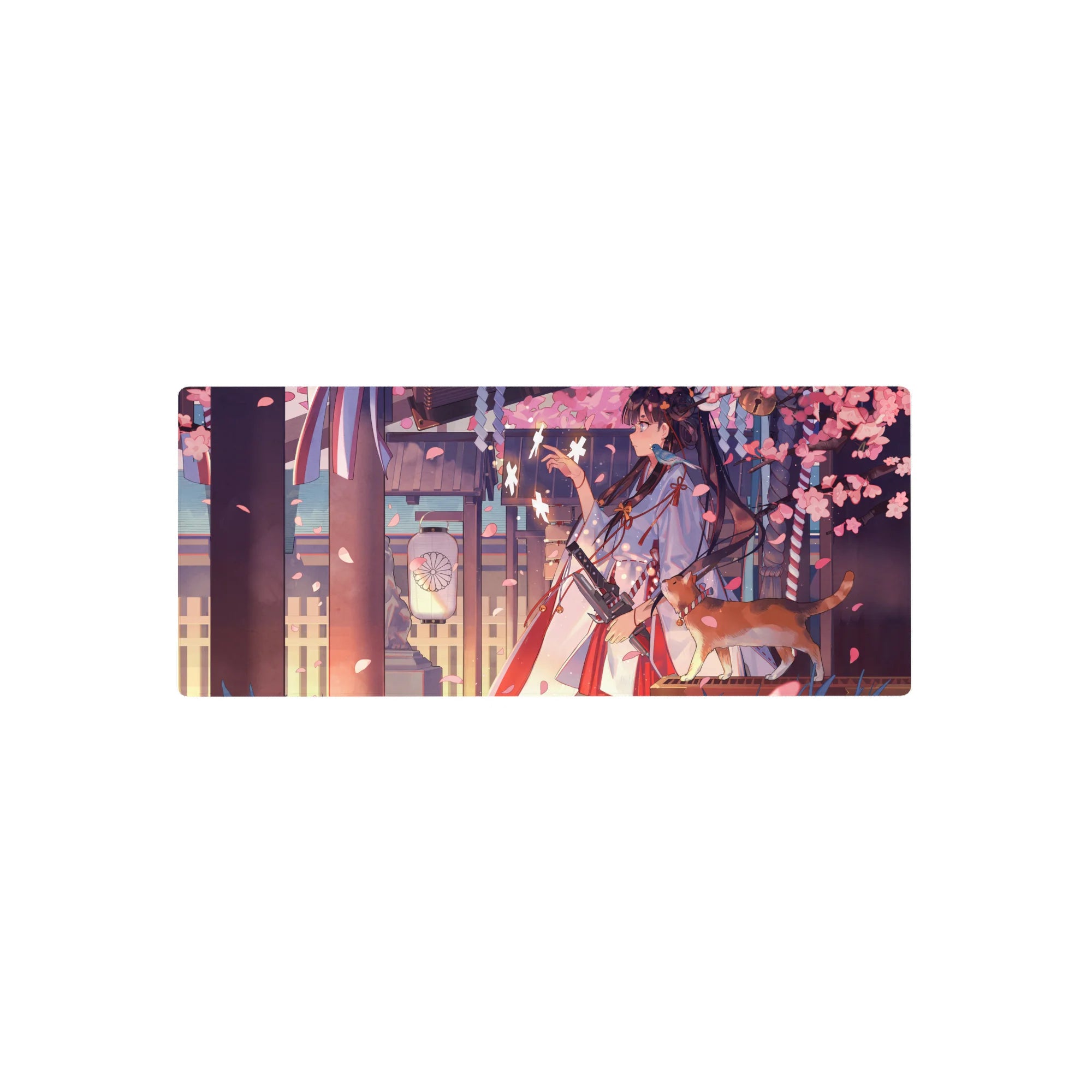 28x12 inches anime girl mouse pad with shrine walkway, sakura petals, lantern glow, and ginger cat.