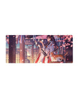 28x12 inches anime girl mouse pad with shrine walkway, sakura petals, lantern glow, and ginger cat.