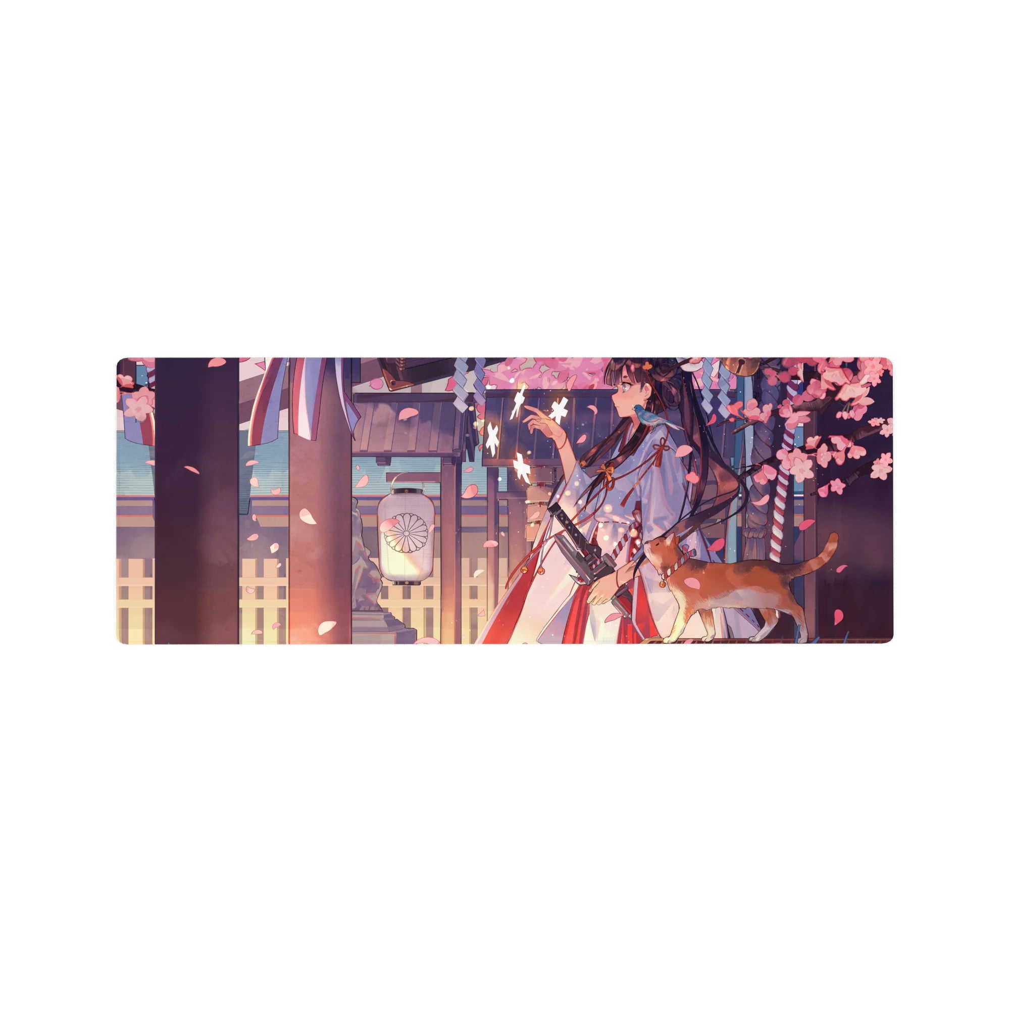 32x12 inches anime girl mouse pad with shrine walkway, sakura petals, lantern glow, and ginger cat.