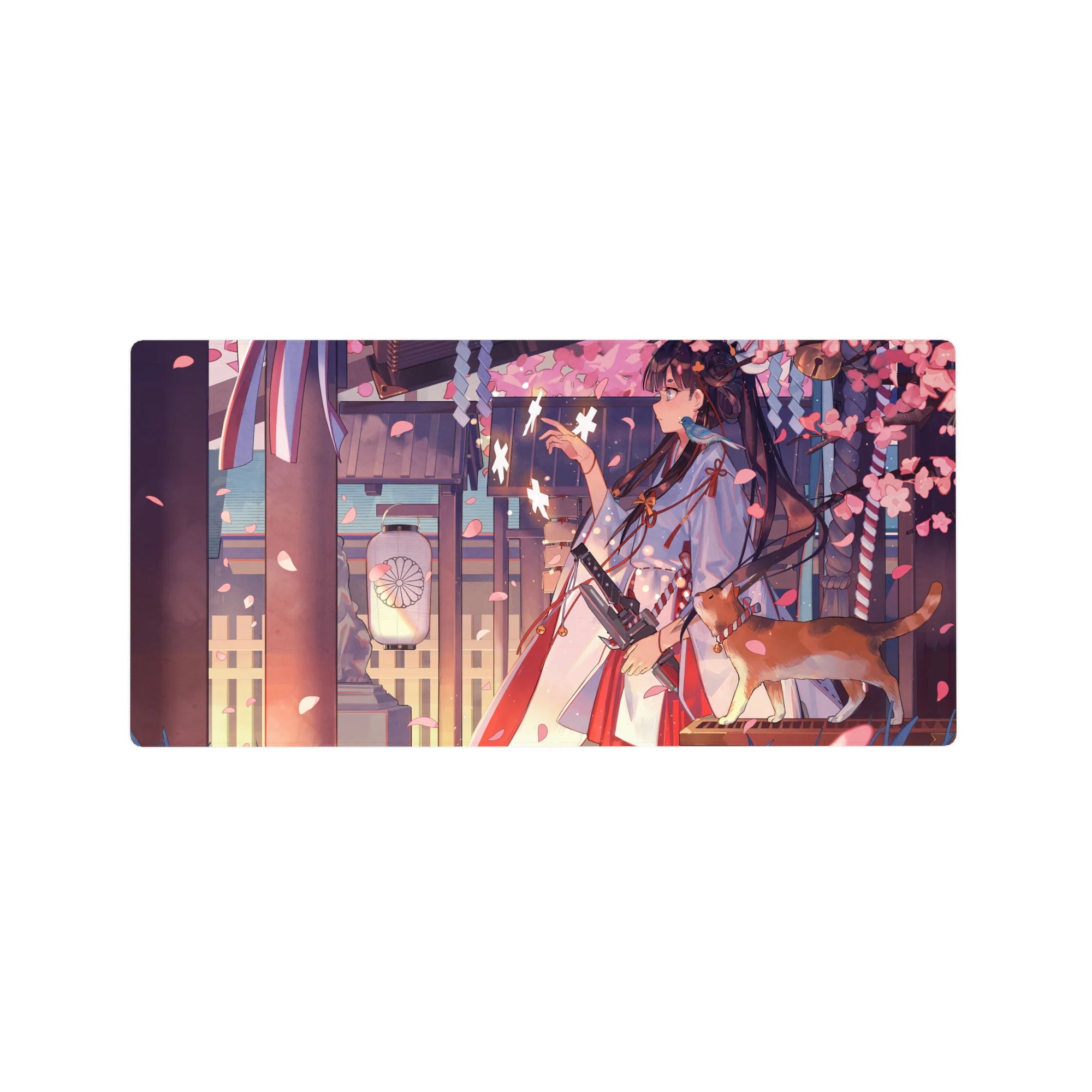 32x16 inches anime girl mouse pad with shrine walkway, kimono maiden, sakura petals, and ginger cat.
