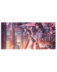 32x16 inches anime girl mouse pad with shrine walkway, kimono maiden, sakura petals, and ginger cat.