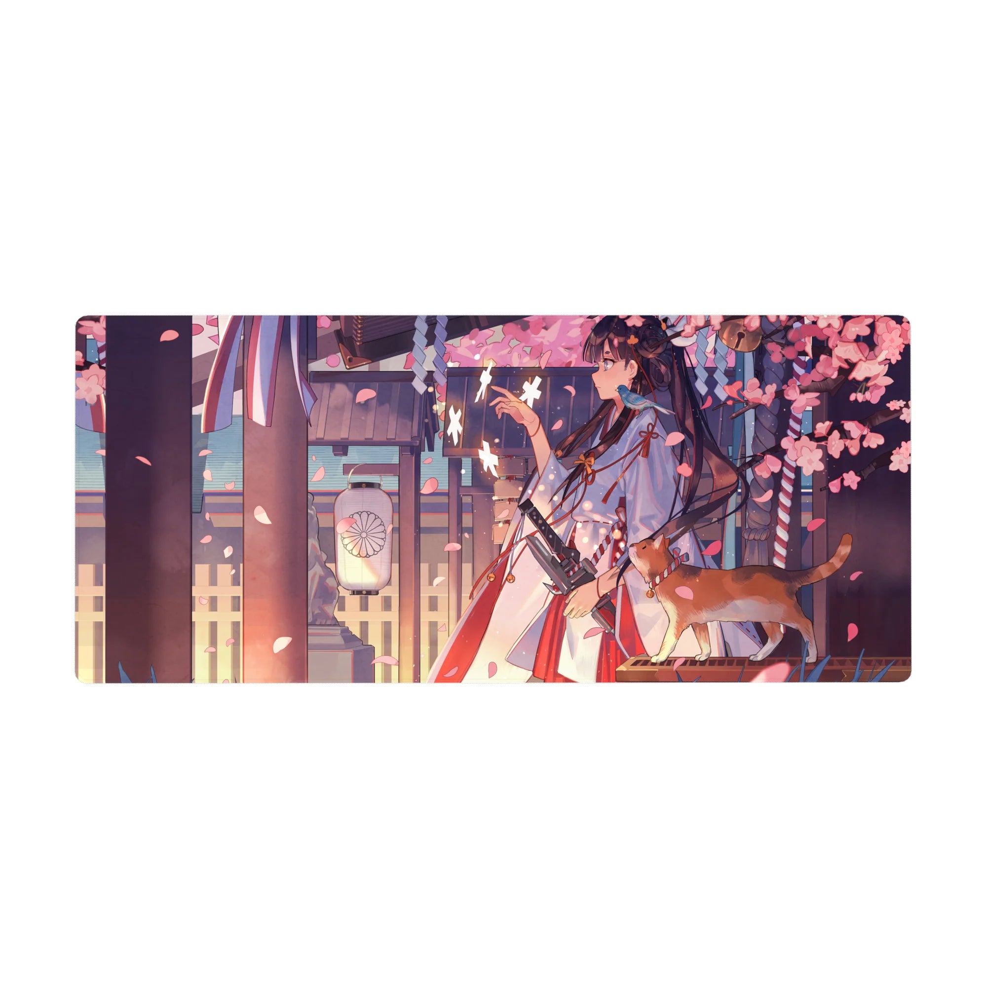 36x16 inches anime girl desk pad with shrine walkway, sakura petals, lantern glow, and ginger cat.