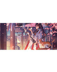 36x16 inches anime girl desk pad with shrine walkway, sakura petals, lantern glow, and ginger cat.
