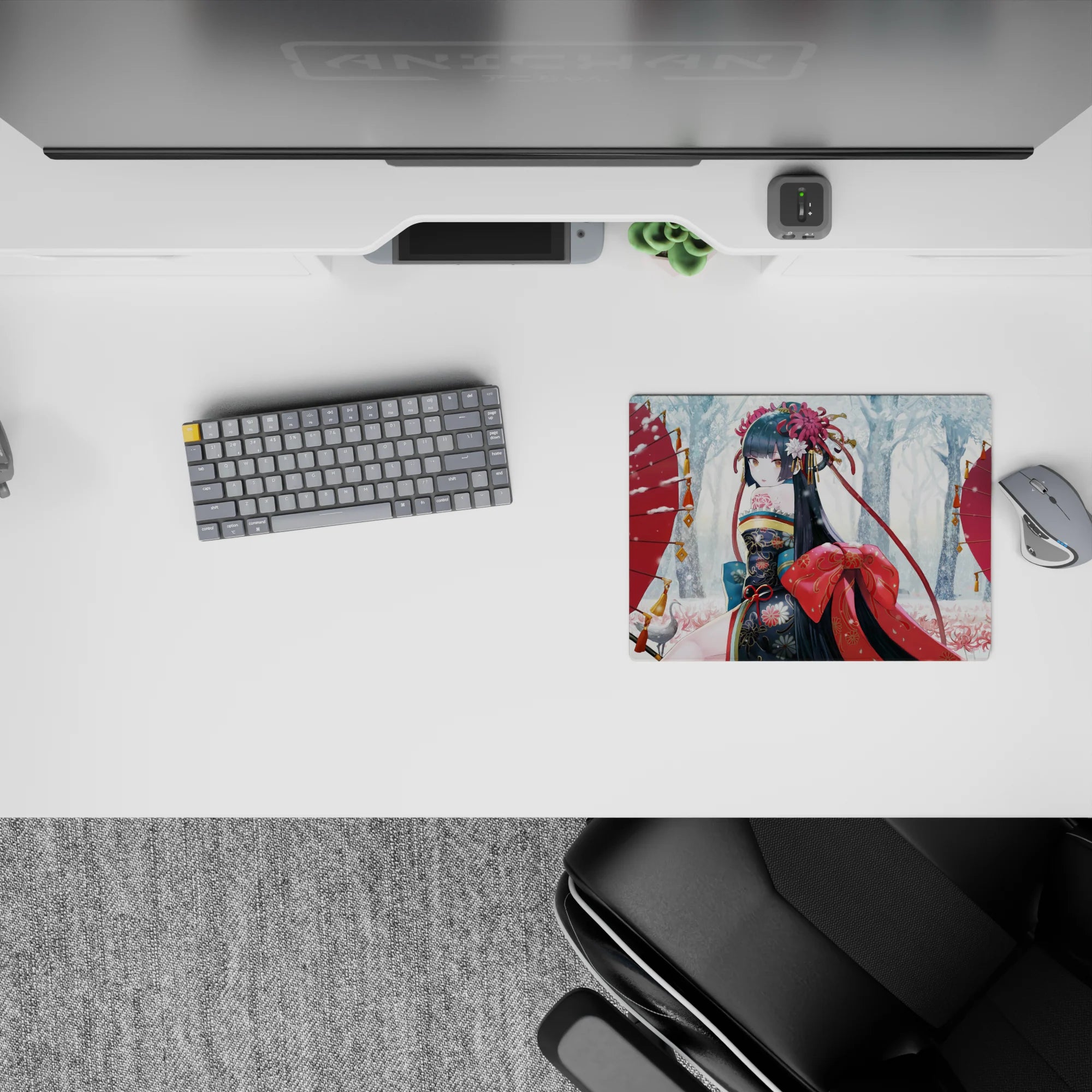 Cozy winter anime mouse pad 14x10 inches in black, gold, crimson, with soft snow and serene vibes.