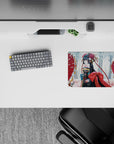 Cozy winter anime mouse pad 14x10 inches in black, gold, crimson, with soft snow and serene vibes.