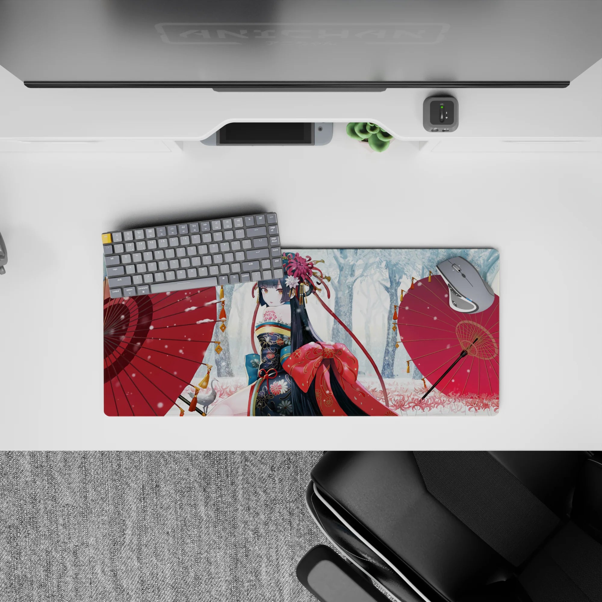 28x12 inches anime girl mouse pad in cozy winter tones, black hair, gold-crimson kimono, red accents.