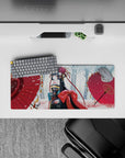 28x12 inches anime girl mouse pad in cozy winter tones, black hair, gold-crimson kimono, red accents.