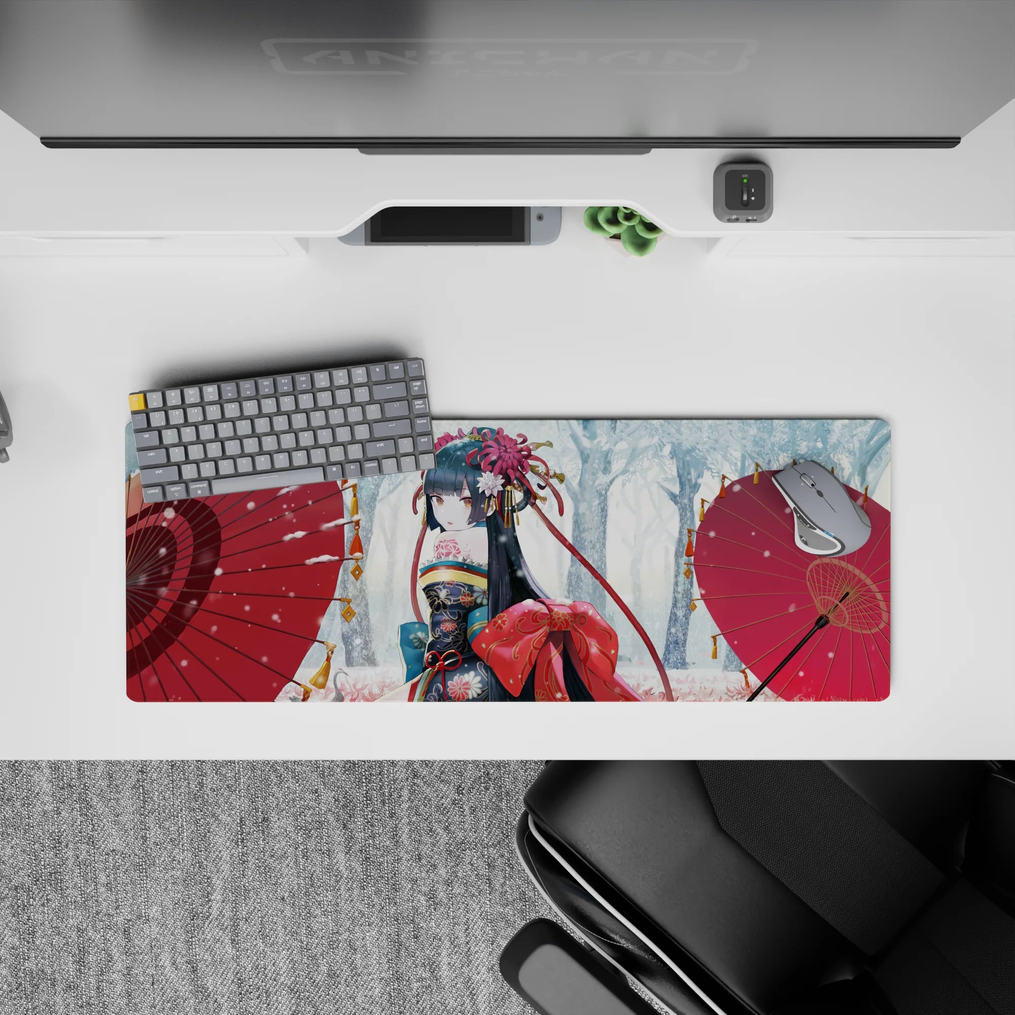 32x12 inches desk mat in cozy frosty mood, gold and crimson florals on dark kimono with vivid red accents.