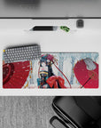 32x12 inches desk mat in cozy frosty mood, gold and crimson florals on dark kimono with vivid red accents.