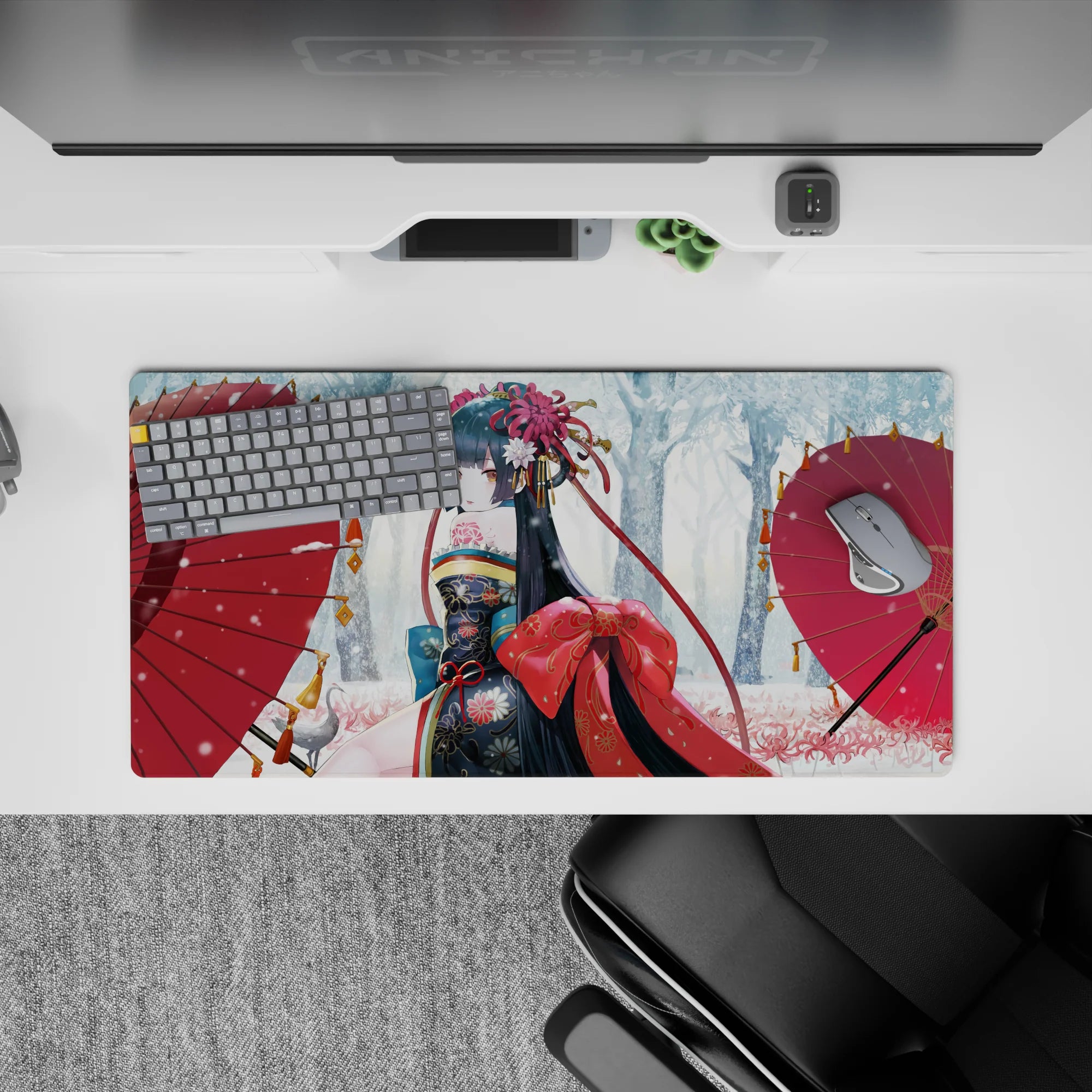 32x16 inches anime girl mouse pad in cozy winter tones, dark kimono with gold and crimson, crisp art.