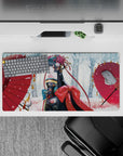 32x16 inches anime girl mouse pad in cozy winter tones, dark kimono with gold and crimson, crisp art.