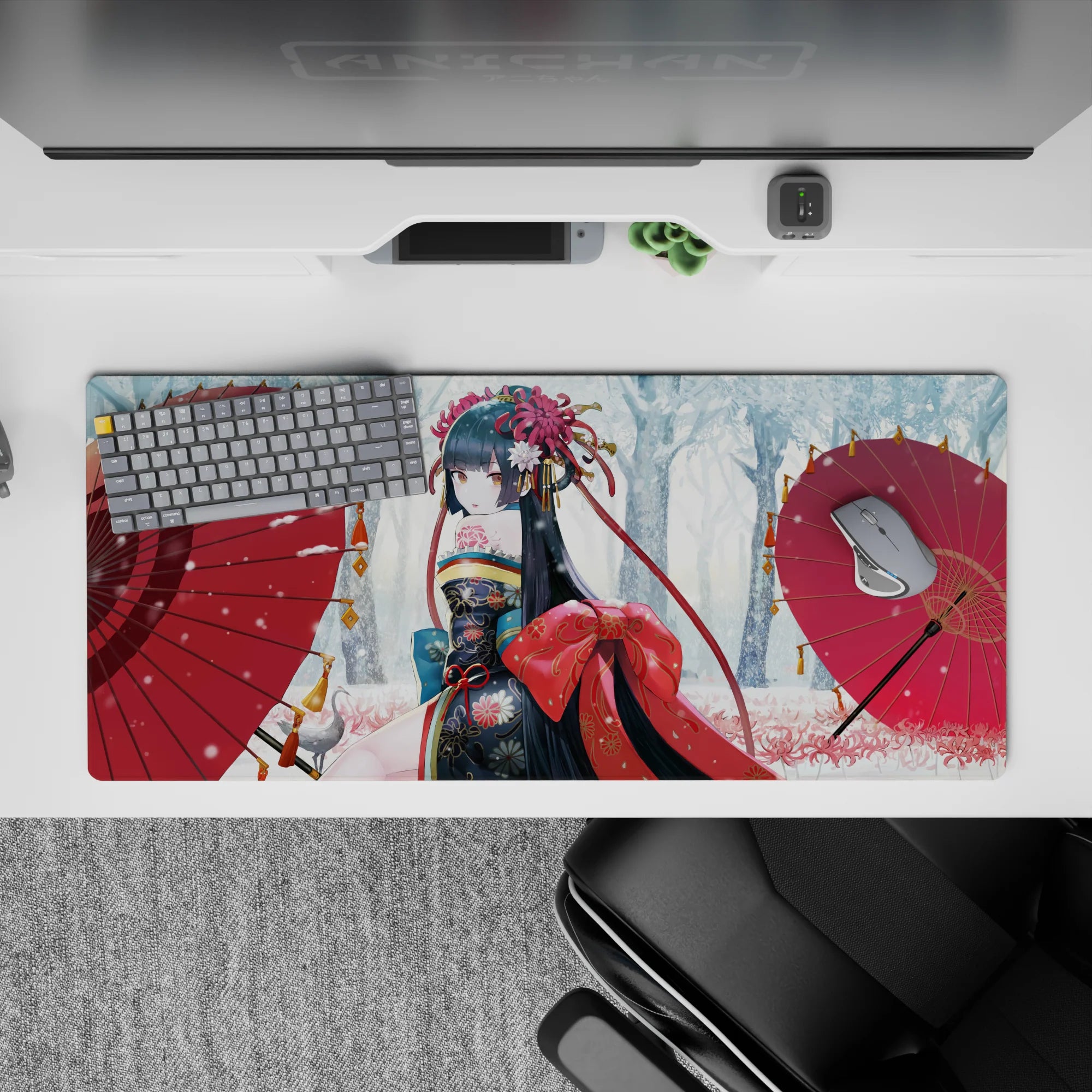 36x16 inches desk pad in cozy winter hues: midnight hair, gold-crimson kimono, scarlet parasols.